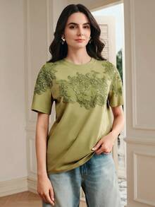 Anewsta Women's Elegant Modern Loose Round Neck T-Shirt Top With Embroidered Applique Design, Summer - Green - View 3