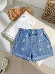 SHEIN Bộ 2 chiếc quần short denim dáng rộng, màu xanh trắng, thêu hoa cúc, cạp chun xếp ly dành cho bé gái. - Xanh và trắng - Xem 8