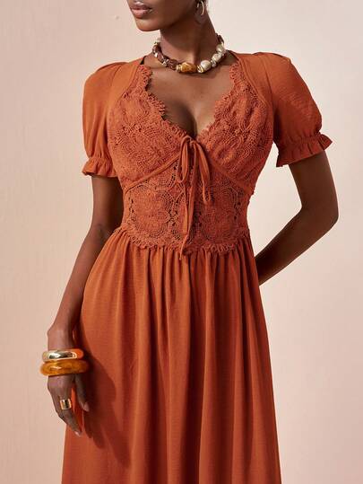 Zivah 2026 New Casual Linen Bohemian Beach Vacation Elegant Contrast Lace Trim Bubble Sleeve Dress, Distinctive Waist Lace Insert Long Dress, Khaki Dress, Bohemian Graceful Vacation Dress, Holiday Linen Vacation Dress