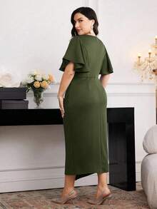Modelyn 大码女式纯色圆领荷叶袖优雅连衣裙 - 軍綠色 - 查看 2