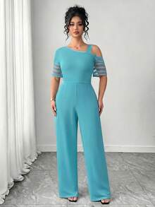 Elenzga Jumpsuit Minimalis Serbaguna Kasual Warna Polos untuk Wanita Ukuran Besar - Baby Blue - View 4