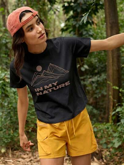 SHEIN In My Nature Women's Round Neck Letter Print Casual Versatile Daily Outdoor Short Sleeve T-Shirt