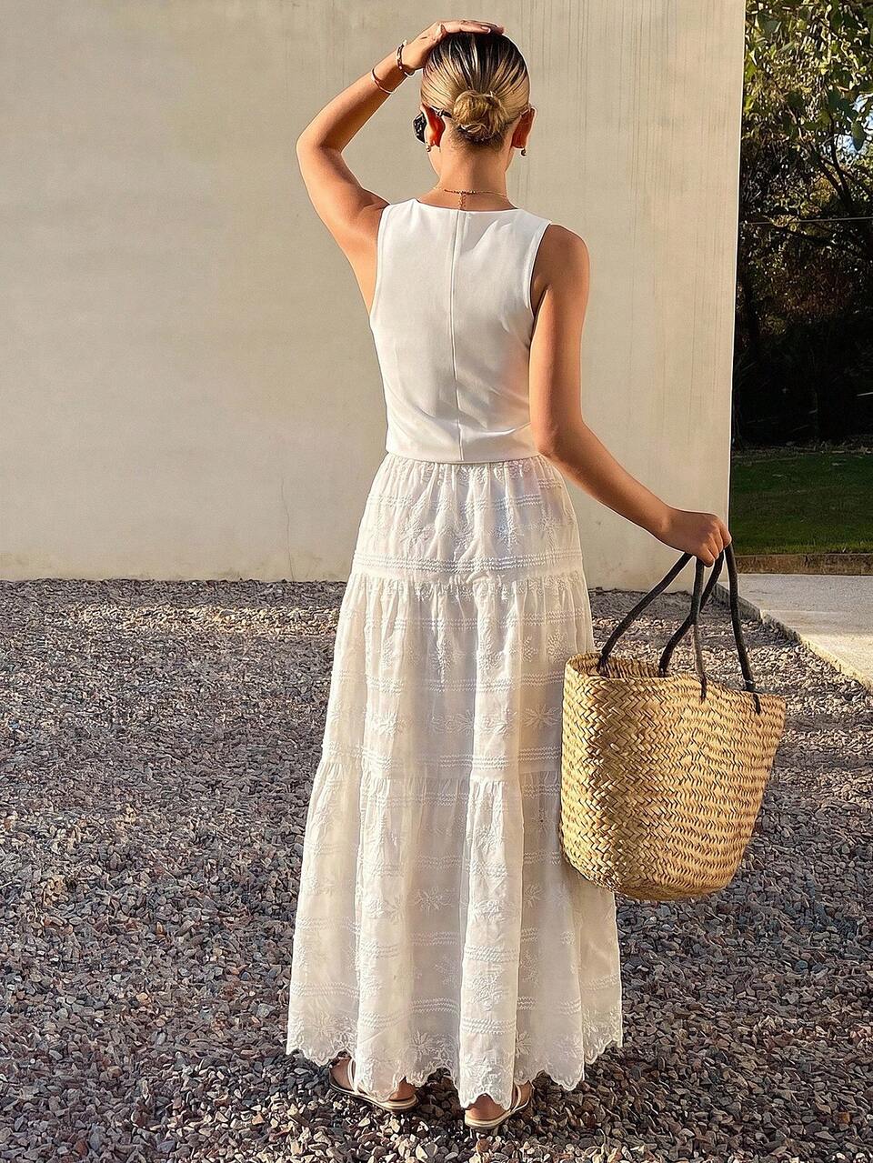 Solid Color V-Neck Sleeveless Jacket & Long Flare Skirt Elegant Vacation Summer 2 Pieces Set For Women Lounge Sets For Women