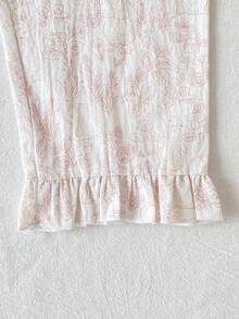 SHEIN Teen GirlLight Pink Line Rabbit & Floral Pattern Ruffle Collar Short Sleeve & Pants Casual Comfortable 2 Pieces Pajama Set - Pink - View 8