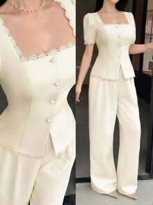 Feyla Women's Lace Patchwork Square Collar Top And Pants Casual 2 Pieces Set - Apricot - View 1