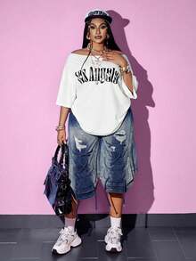 Maweii Plus Size Women's Rave Backless Ripped Letter Print Oblique Shoulder White T-Shirt, Casual For None, Back-To-School Daily Wear Date Night Summer - White - View 6