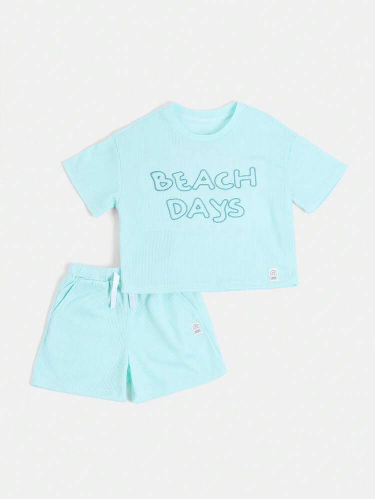 Boys Mint Green Waffle Knit Beach Days Short Sleeve T-Shirt And Shorts Summer Co-Ord Set With Sea You Later Text