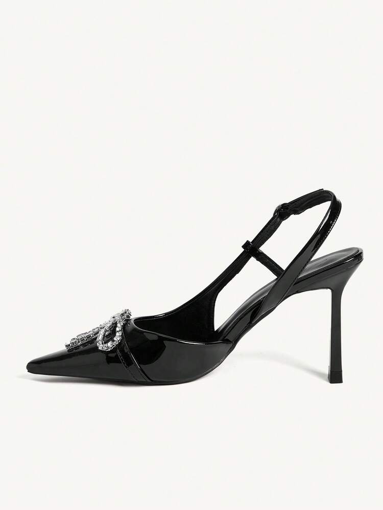 CUCCOO CHICEST Spring And Summer New Design Wine Glass Heel High Heel Bow Diamond Buckle Romantic Elegance Temperament Simple Sexy Women Black Patent Leather Material Slingback Ankle Strap High Heel Shoes Slingbacks Dress Shoes Dating Afternoon Tea Party Valentine's Day Elegant Wear