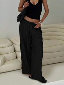 SHEIN PETITE CURVE CURVE 大尺碼女款小個子寬腿褲，黑色 Sommar 簡約休閒傳統日常高腰繫帶附口袋，適合秋季度假 - 黑色 - 查看 7