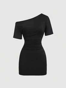 Sweetra New Spring/Summer Asymmetric Neck Short Sleeve Cinched Waist A-Line Mini Dress, Suitable For Parties And Outings - Black - View 4