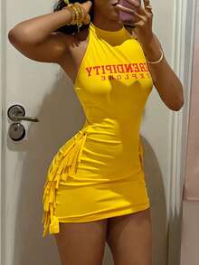 StreetHx Đầm ngắn màu vàng dành cho nữ, Hypezone-D Sexy Vibe, họa tiết in phía trước, thiết kế buộc dây bên hông, phong cách retro Mỹ, rock gợi cảm, đầm phong cách đường phố. - Màu vàng - Xem 5