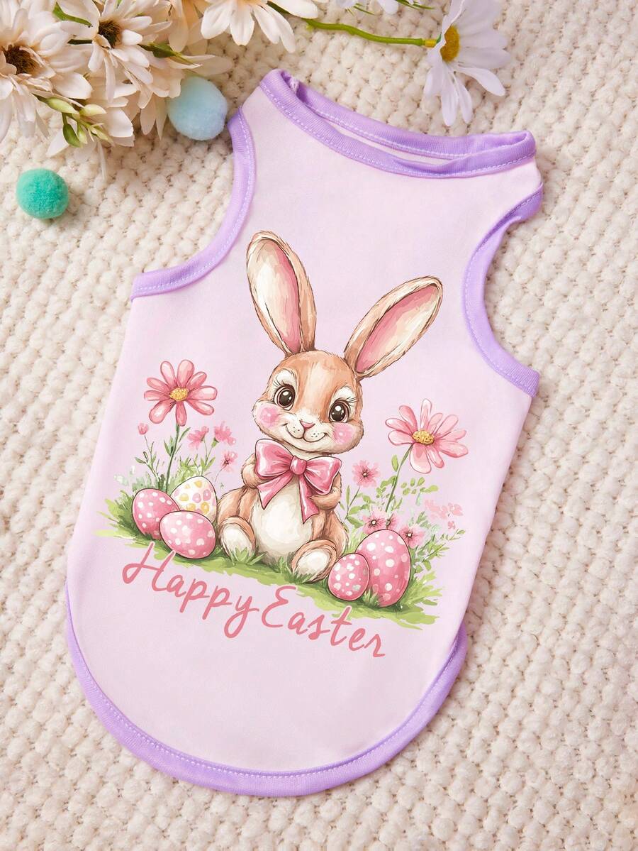 PETSIN 1 chiếc áo vest cho thú cưng hình quả trứng Phục Sinh hình thỏ nhỏ dễ thương, in chữ và hoa nhỏ, màu hồng và tím phối hợp, mềm mại và thoáng khí, chống rụng lông. - Nhiều màu - Xem 1
