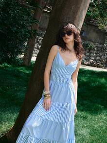 Lumivelle Women's New V-Neck Sleeveless Blue And White Stripe Patchwork Dress, Casual Coastal Sexy Picnic Vacation Romantic Elegant Beach Holiday Summer - Blue - View 1