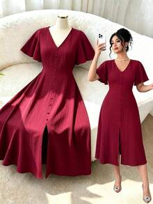 Auvina Elegant V-Neck Ruffle Sleeve Plus Size Women Solid Color Split Hem Dress - Burgundy - View 5