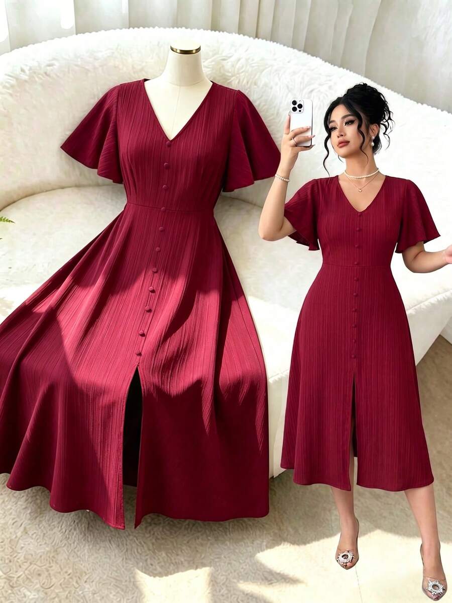 Auvina Elegant V-Neck Ruffle Sleeve Plus Size Women Solid Color Split Hem Dress - Burgundy - View 1