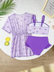 SHEIN GraphicGems Conjunto de Maiô para Menina Jovem, Maiô Listrado com Borboleta Rosa e Capa de Tule, Conjunto de Shorts de Banho com Babado Floral Rosa, Adequado para Verão, Primavera, Outono, Férias/Praia/Parque Aquático/Natação, Doce, Minimalista, Urbano, Fashionable - Malva - Visão 2