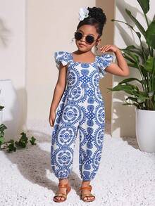 SHEIN Young Girl Ditsy Floral Ruffled Collar Casual Jumpsuit - Blue and White - View 3