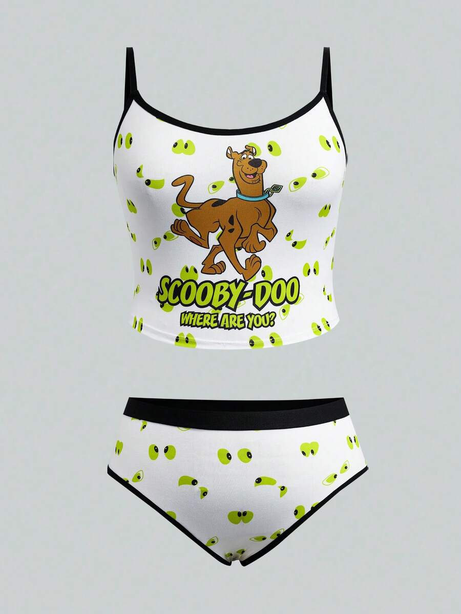SCOOBY-DOO X SHEIN Plus Size Cartoon Print Camisole And Panty Set - White - View 1