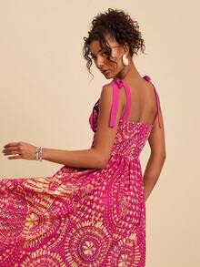 Printed Woven Spaghetti Strap Midi Dress For Vacation - Maroon - View 5