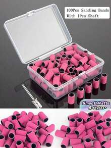 100 piezas/caja Juego de bandas de lijado con eje de metal Brocas de taladro de uñas para eliminar esmalte de uñas, gel, piel muerta y callosidades, cortador de bandas de lijado, suministros para uñas, herramientas para uñas, herramientas de arte de uñas, de vuelta a la escuela, uñas, herramientas para uñas postizas - Rosa Fucsia - Ver 1