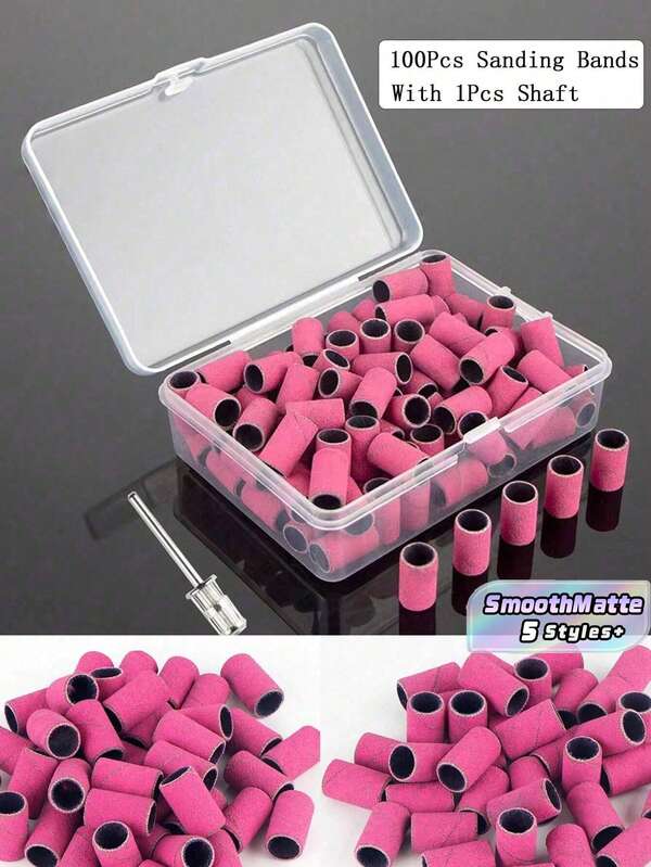100 piezas/caja Juego de bandas de lijado con eje de metal Brocas de taladro de uñas para eliminar esmalte de uñas, gel, piel muerta y callosidades, cortador de bandas de lijado, suministros para uñas, herramientas para uñas, herramientas de arte de uñas, de vuelta a la escuela, uñas, herramientas para uñas postizas