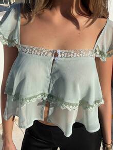 Joudiya Ruffled Lace Patchwork Casual Vacation Crop Top Short Sleeve Blouse For Women, Spring & Summer Cute Tops - Green - View 1