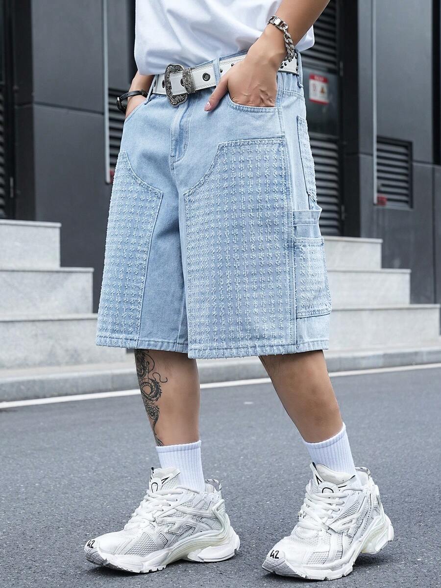 Chillumni Men's Casual Street Style Embroidered Patch Multi-Pocket Denim Blue Cargo Shorts - Light Wash - View 1