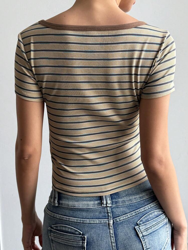 Striped Round Neck Short Sleeve Casual T-Shirt For Women