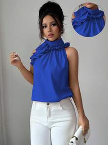Balvessa Women's Solid Color Ruffle Pleated Sleeveless Blouse, Intellectual And Elegant - Blue - View 7