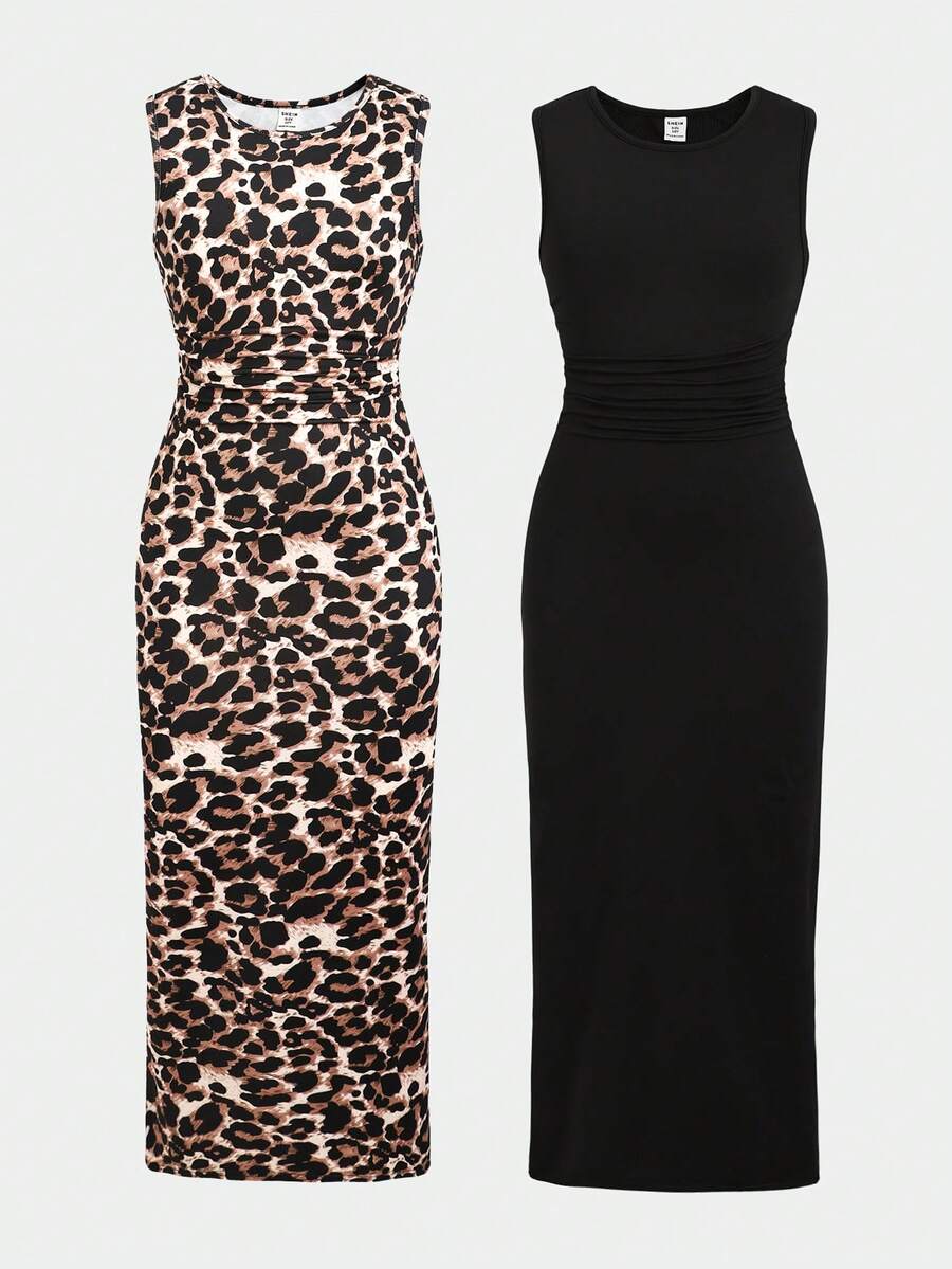 SHEIN Set de 2 vestidos casuales de verano para niñas preadolescentes, con estampado de leopardo, silueta ajustada, bajo con abertura, versátil para vacaciones y deportes - Multicolor - Ver 1