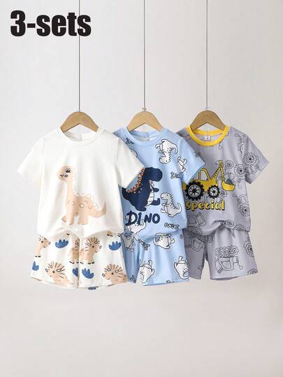Bộ đồ ngủ 6 món cho bé trai, gồm áo thun cổ tròn tay ngắn và quần short in hình khủng long và xe công trình hoạt hình, màu xanh dương/màu mơ/màu xám nhạt, thoải mái, giản dị, dễ thương, thích hợp cho mùa hè.