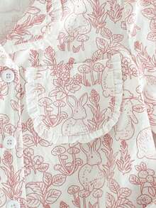 Young Girl' White Pink Line Rabbit Floral Pattern Ruffle Collar Short Sleeve Pants Casual Cute Comfortable 2 Pieces Pajama Set Sleep Summer - Red - View 4