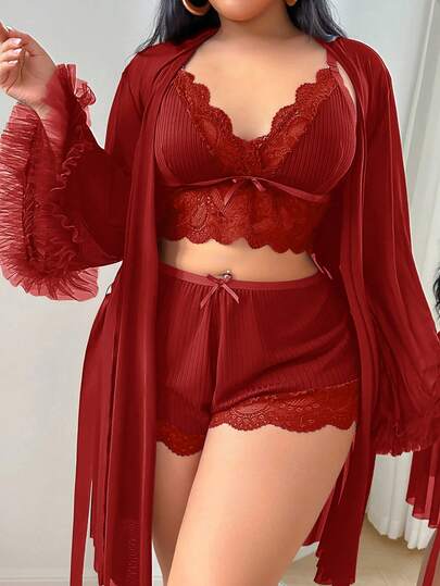 HautHeat 3pcs Set: Lace Patchwork Camisole Shorts + Floral Trim Wide Sleeve Mesh Robe, Plus Size