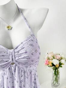 Sweetra 新款甜美百搭清新碎花修身吊带背心，夏季必备 - 紫色 - 查看 8