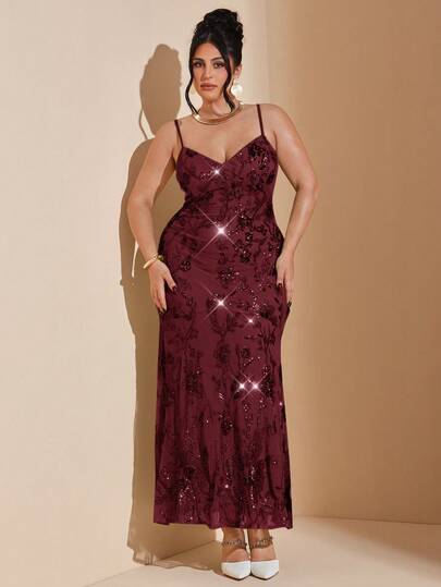 SHEIN BAE Plus Size Women Elegant Sequin Detail Spaghetti Strap Dress