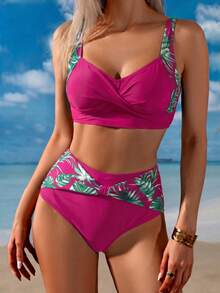 Swim Lushoire Women's Plant Print Casual Swimwear Set - Hot Pink - View 4