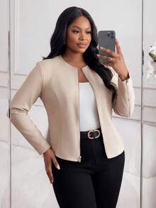 SHEIN Lady CURVE Áo khoác da lộn màu đen cỡ lớn cho nữ, thanh lịch cho trang phục đi làm hàng ngày và công sở - Màu be - Xem 5
