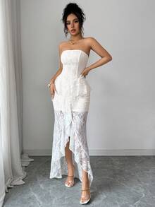 Elenzga Đầm nữ mùa hè màu trắng ren, chất liệu vải dệt kim màu mơ, không dây vai, ôm sát eo thấp, dáng suông, xếp ly, phối nhiều lớp phía trước, xẻ tà cao, kiểu đuôi cá. - trắng - Xem 4