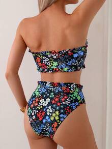 Swim Mod Conjunto de traje de baño con volantes de 2 piezas con estampado floral diminuto, de gran para la playa y el verano - Negro - Ver 2