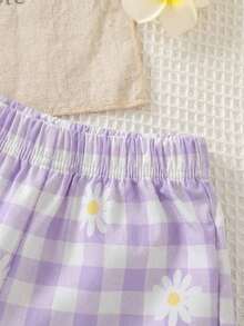 SHEIN Playful Pals 女婴夏季蓝色纹理无袖上衣和蓝色格子短裤套装，饰有蓝色蝴蝶结，日常必备单品 - 淡紫色 - 查看 4