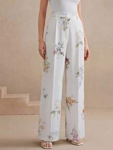 Anewsta Quiet Luxury 女士新款休闲度假及都市通勤百搭不对称印花高腰宽松长裤 - 白色 - 查看 6