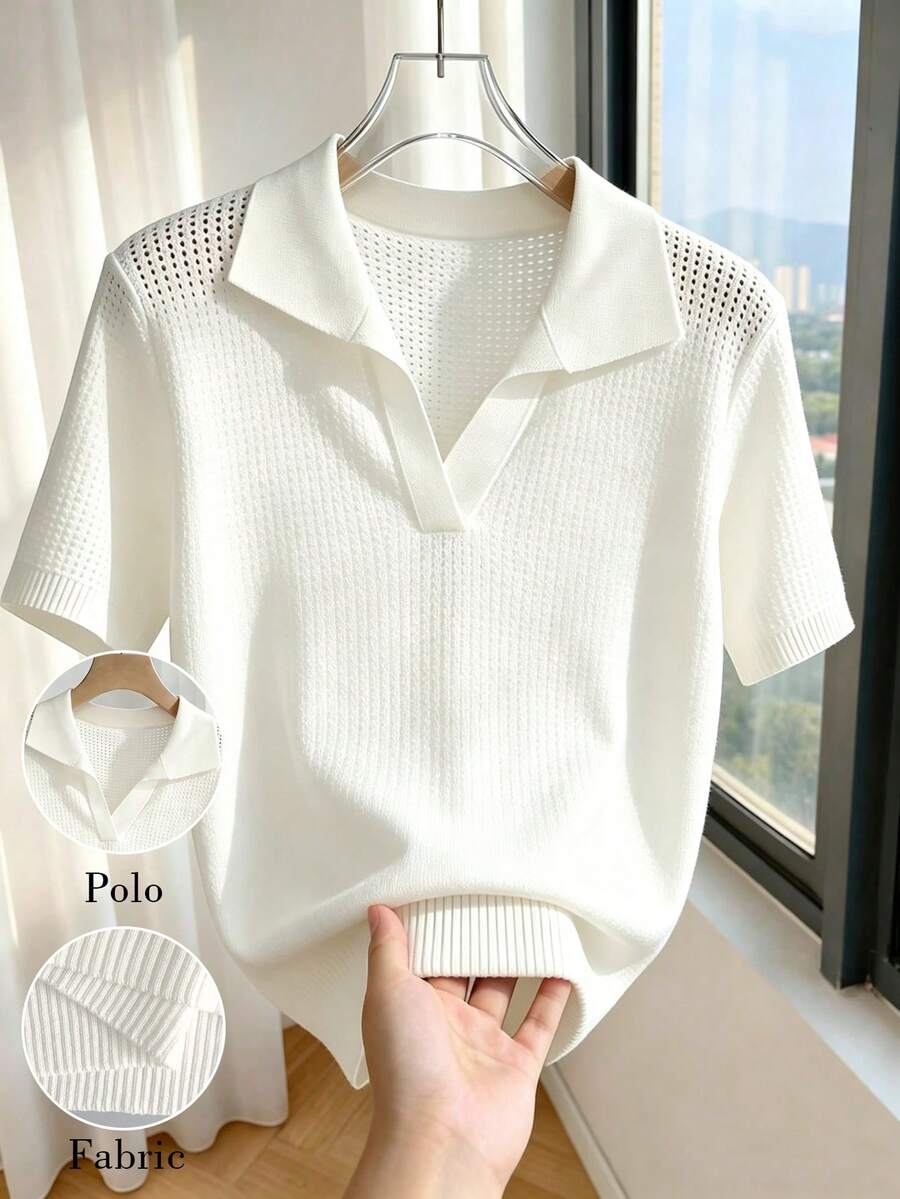 SHEIN Franclia 女士春夏镂空 Polo 领针织短袖白色优雅修身百搭通勤轻薄针织上衣，白色衬衫，夏季度假装，女士优雅上衣，女士休闲服饰 - 白色 - 查看 1