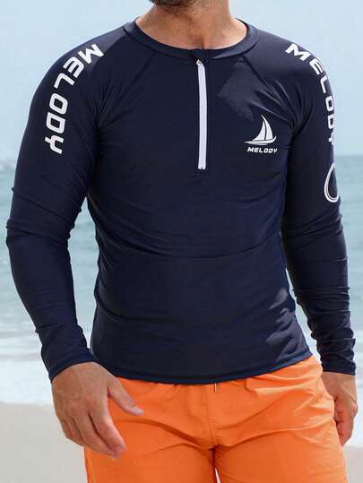 DAZY Men's Letter Print Half-Zip Rash Guard Long Sleeve Swimwear