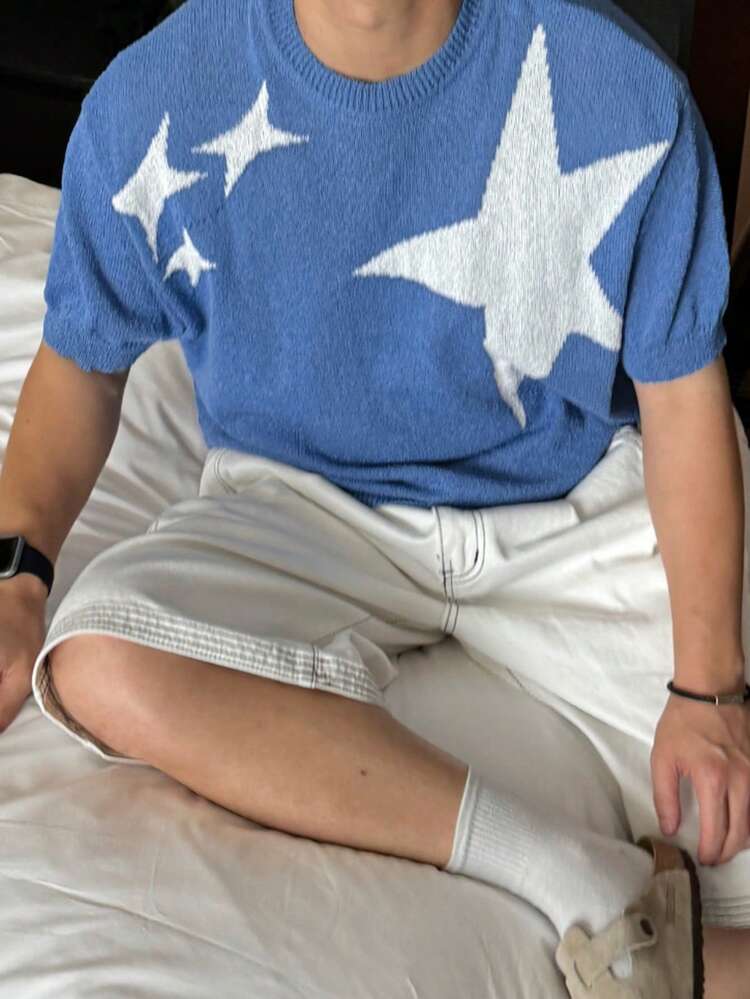 Blue Short Sleeve Knit Top With White Star Pattern For Men