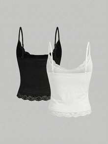 Aloruh 2件套 95%纯棉 女士休闲日常通勤简约纯色撞色蕾丝修身短款吊带背心，百搭夏季两件套，女士休闲上衣，白色上衣，春季休闲背心 - 彩色 - 查看 2