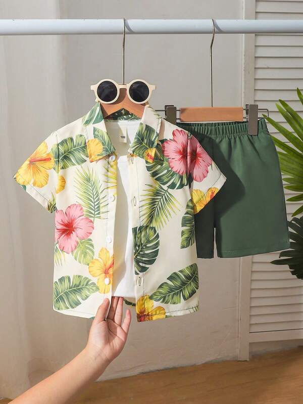 2pcs/Set Young Boy Soft Tropical Print Woven Fabric Short Sleeve Shirt And Shorts Set, Suitable For Summer Casual, Holiday Wear