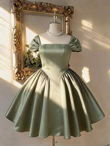 Lovelzi Vestido de satén verde malaquita con hombros descubiertos y vuelo, de estilo vintage romántico y lindo para ocasiones formales, talla grande - verde menta - Ver 4