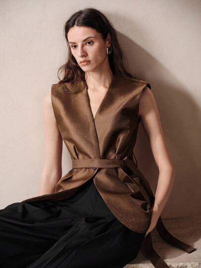 Aveloria Modichic Áo blazer nữ không tay cổ chữ V có thắt lưng, hàng mới về.