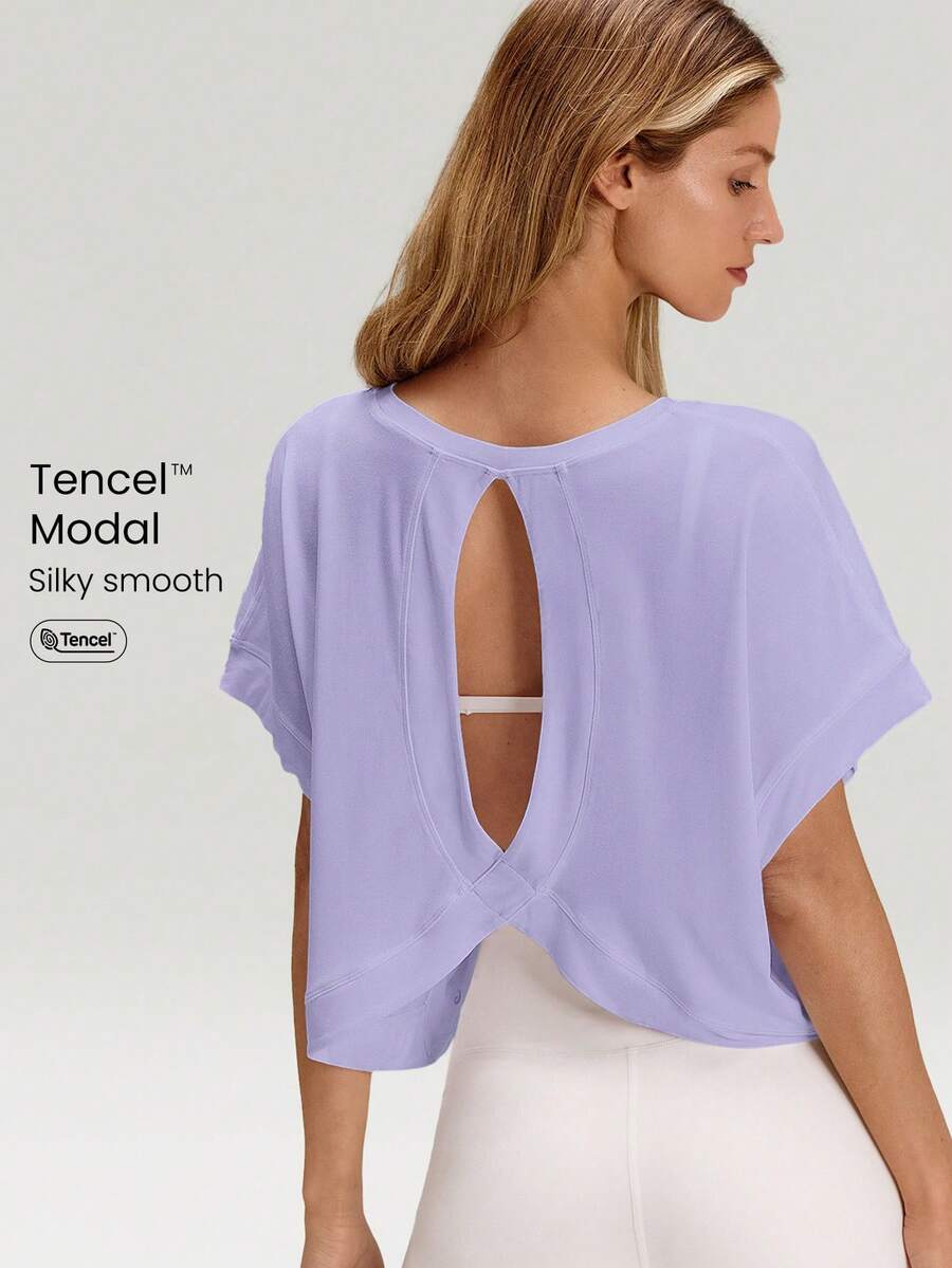 GLOWMODE Modal Oversized Short Sleeve Tee With Keyhole Back Low Impact Yoga Pilates Daily Casual - Purple - View 1