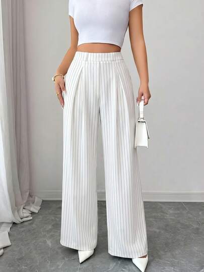 Elenzga Elegant Women's High Waist Pleated Wide Leg Casual Striped Pants, Suitable For Spring/Summer Daily, Vacation And Fashionable White Striped Trousers
